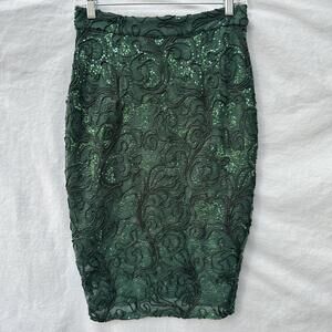 BELLE BADGLEY MISCHKA Forest Green Sequin Corded Lace Evening Midi Skirt Size 4